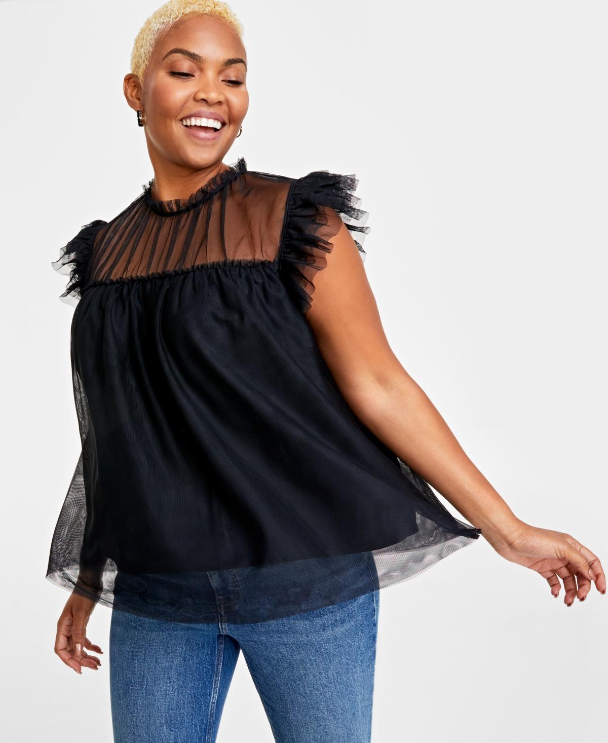 On 34th Womens Tulle Flutter-Sleeve Top, Created for Macys Product Image