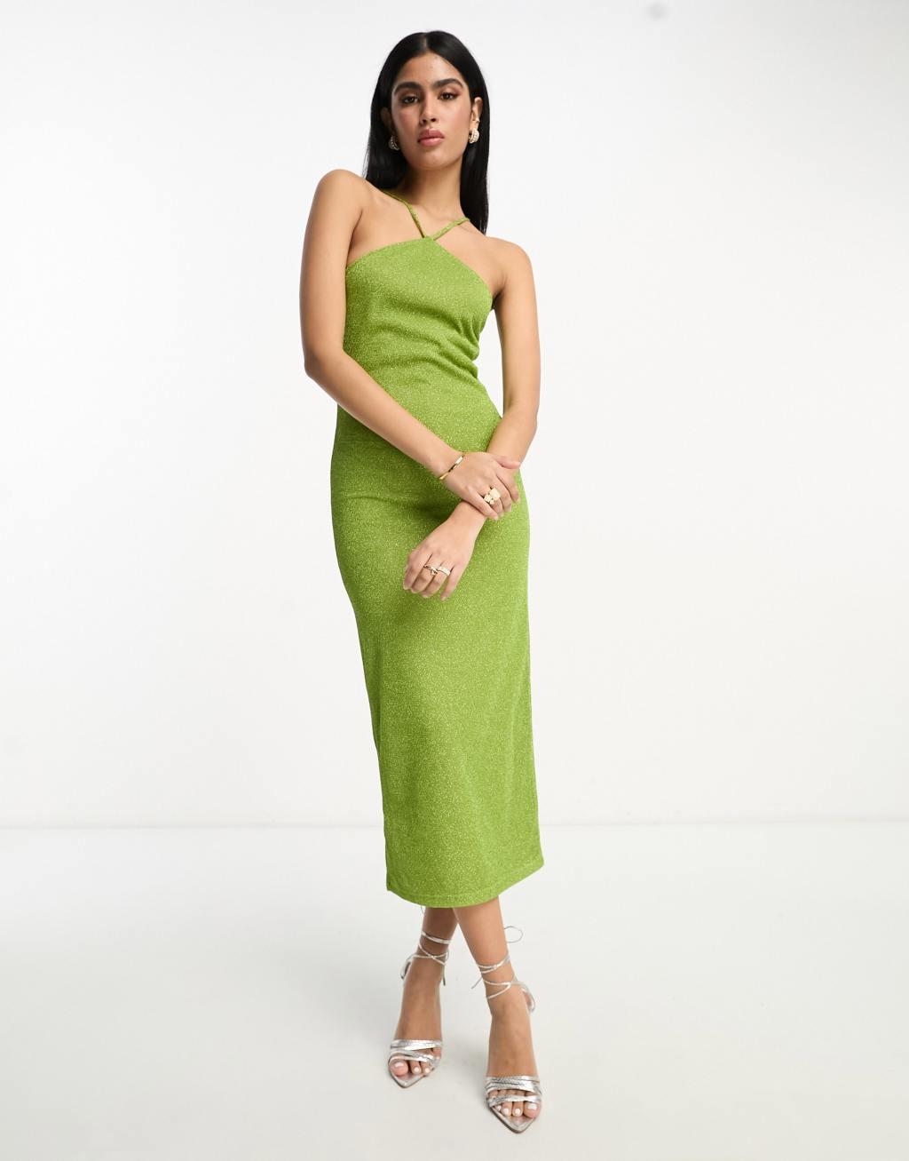 Vila glitter midi dress in green Product Image