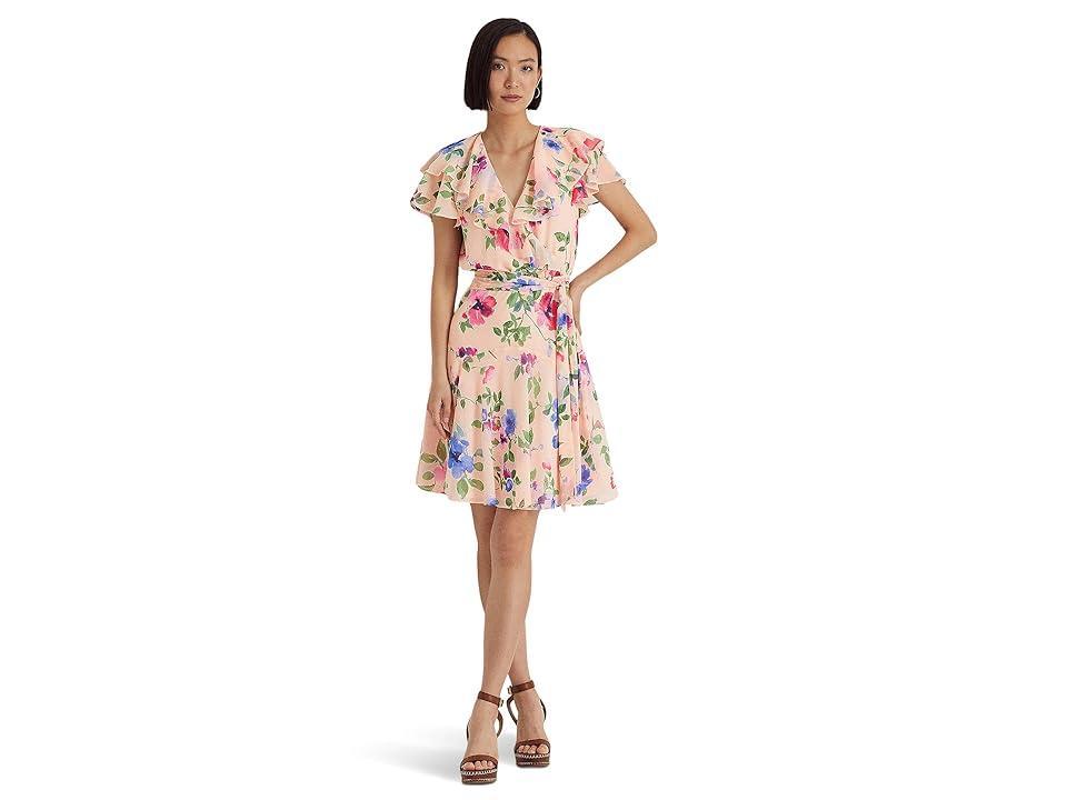 Lauren Ralph Lauren Petite Floral Belted Crinkle Georgette Dress Multi) Women's Clothing Product Image