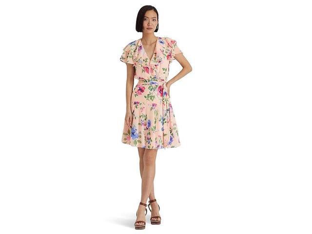 Lauren Ralph Lauren Petite Floral Belted Crinkle Georgette Dress Multi) Women's Clothing Product Image