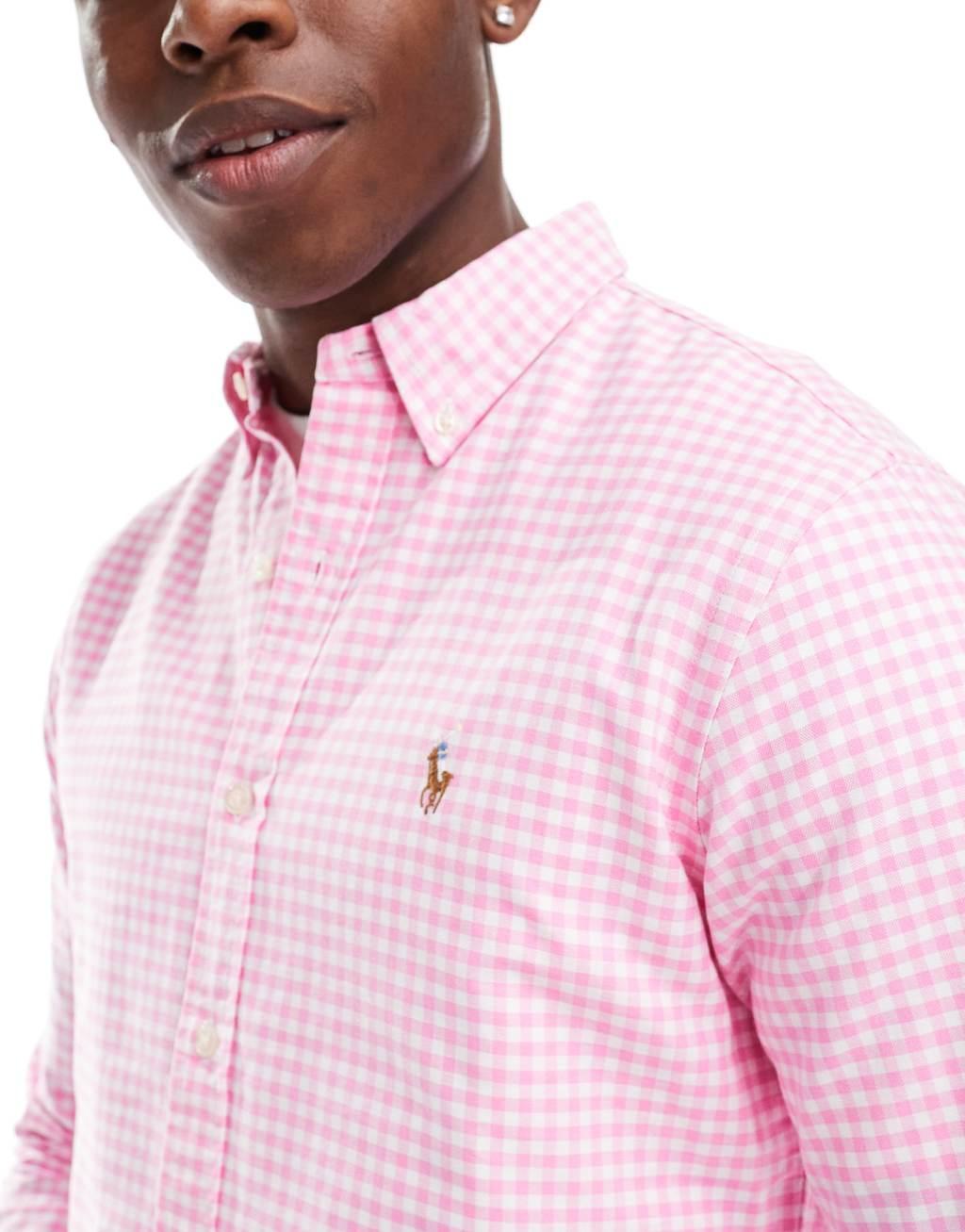 Polo Ralph Lauren icon logo slim fit stripe oxford shirt in pink/white Product Image