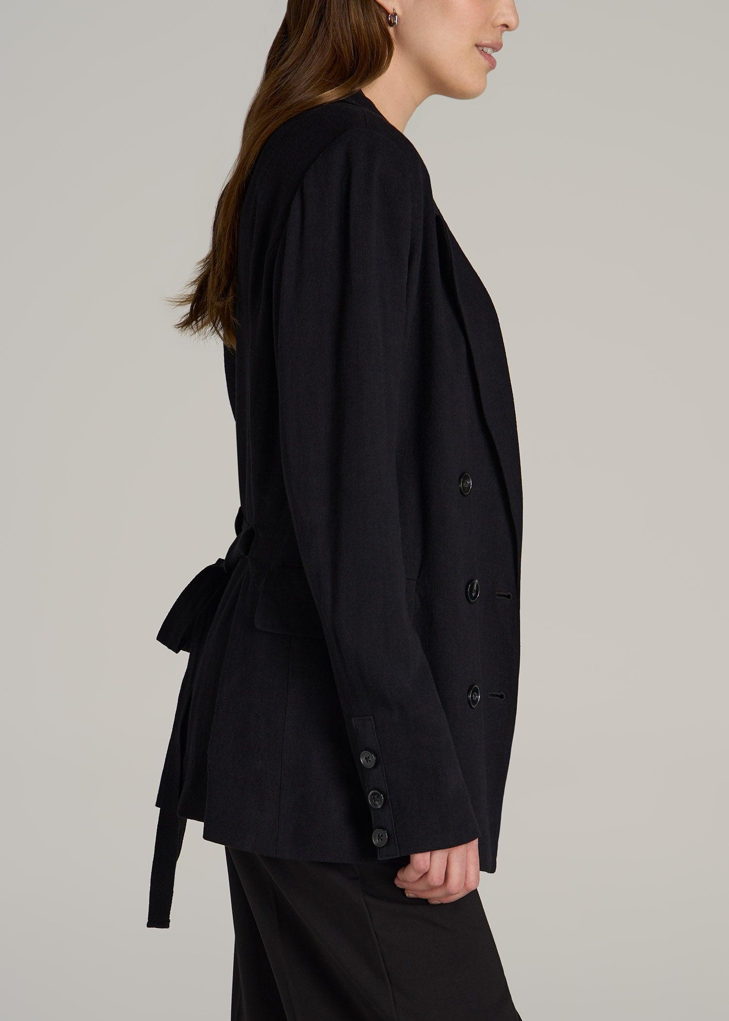 Linen Blend Tie Back Blazer For Tall Women in Black Product Image