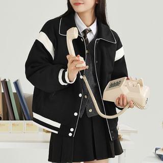 Collared Contrast Trim Baseball Jacket Product Image