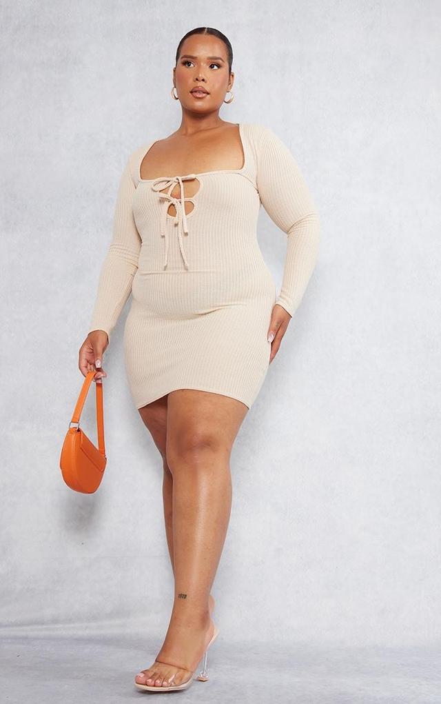 Plus Oatmeal Tie Front Longsleeve Bodycon Dress Product Image