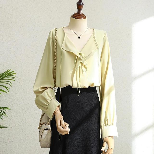 Long-Sleeve V-Neck Plain Tie Front Blouse Product Image