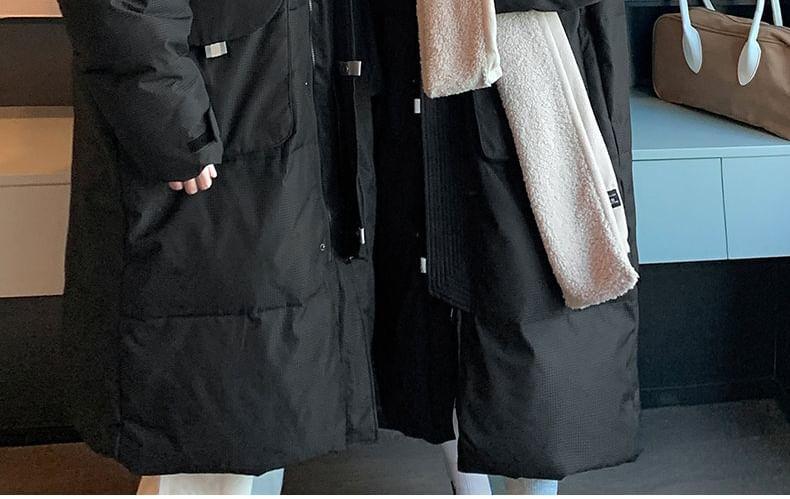 Couple Matching Stand Collar Plain Hood Midi Zip Puffer Coat Product Image