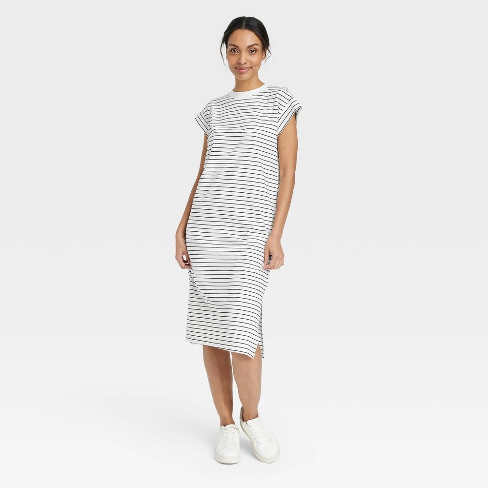 Womens Short Sleeve Midi Shirtdress - A New Day Cream/Black Striped Product Image