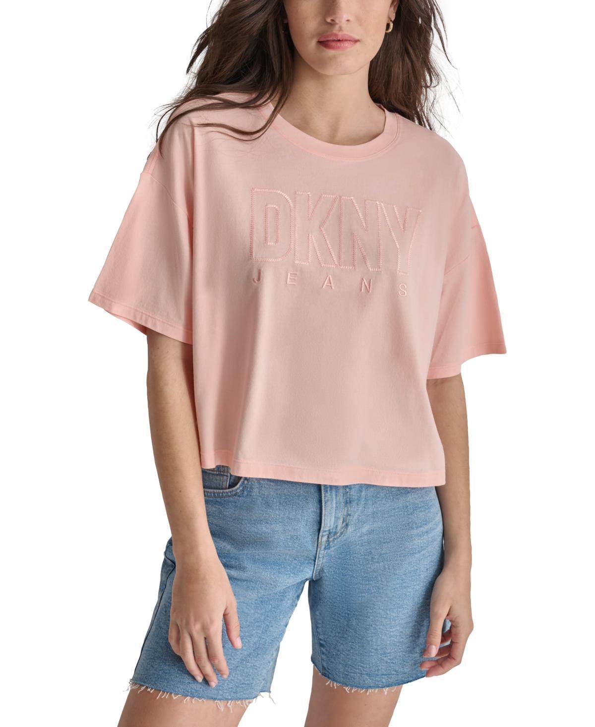 Dkny Jeans Womens Cropped-Fit Short-Sleeve Logo T-Shirt Product Image