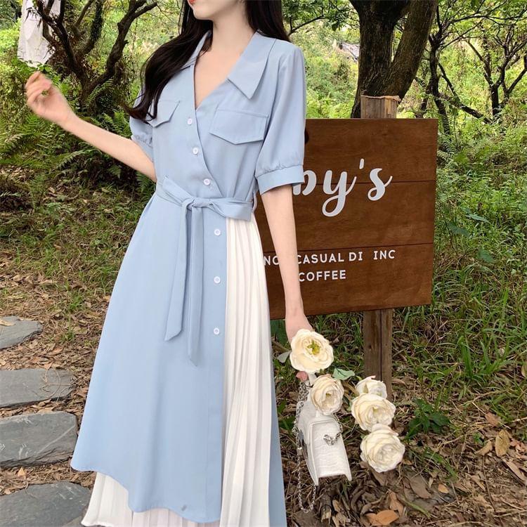 Short-Sleeve Collared V-Neck Accordion Pleated Mock Two Piece Midi A-Line Wrap Dress Product Image