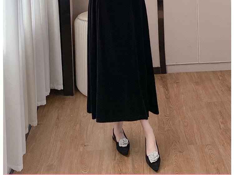 Long Sleeve V-Neck Plain Velvet Lace Trim Midi A-Line Dress Product Image