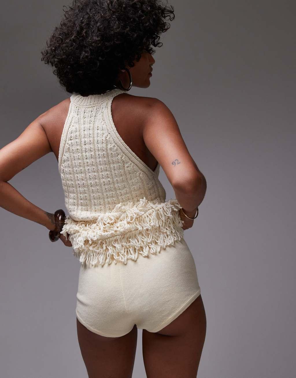 Mango crochet fringed tank top in white Product Image