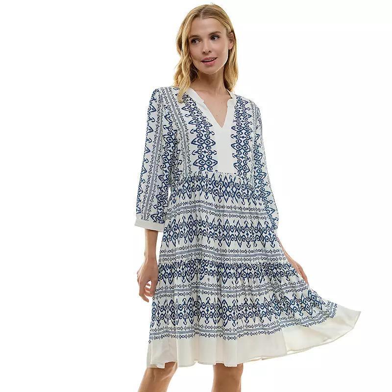 Womens Figueroa & Flower V-Neck Elbow Sleeve Baby Doll Dress Ivory Navy product image