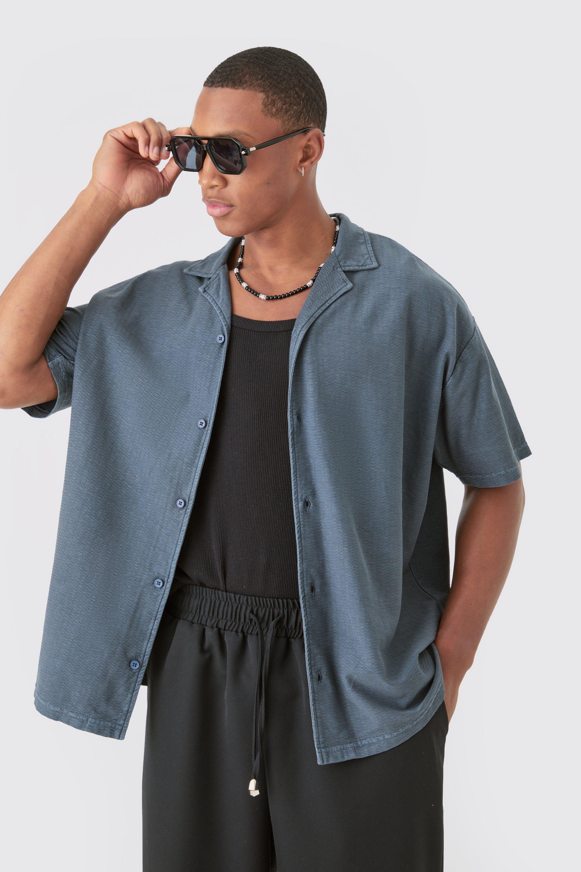 Textured Washed Dropped Shoulder Revere Shirt | boohooMAN USA Product Image