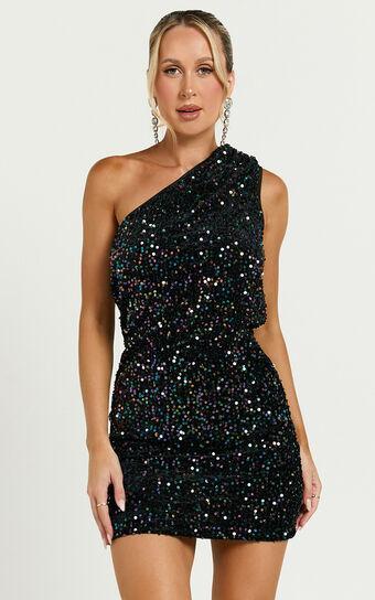 Lucy Mini Dress - One Shoulder Sequin Mini Dress in Black Product Image