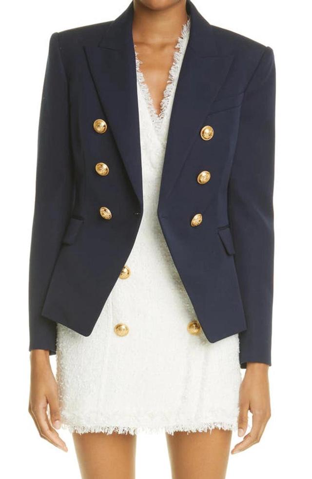 BALMAIN Double Breasted Wool Grain De Poudre Jacket In Marine Product Image