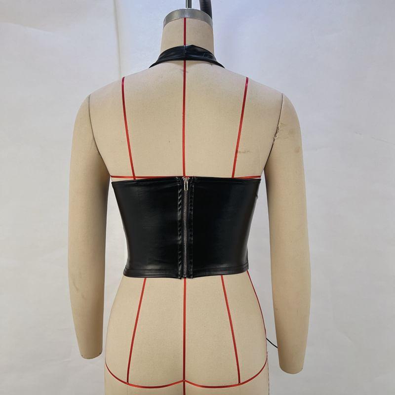 Halter Plain Lace-Up Faux Leather Corset Top Product Image