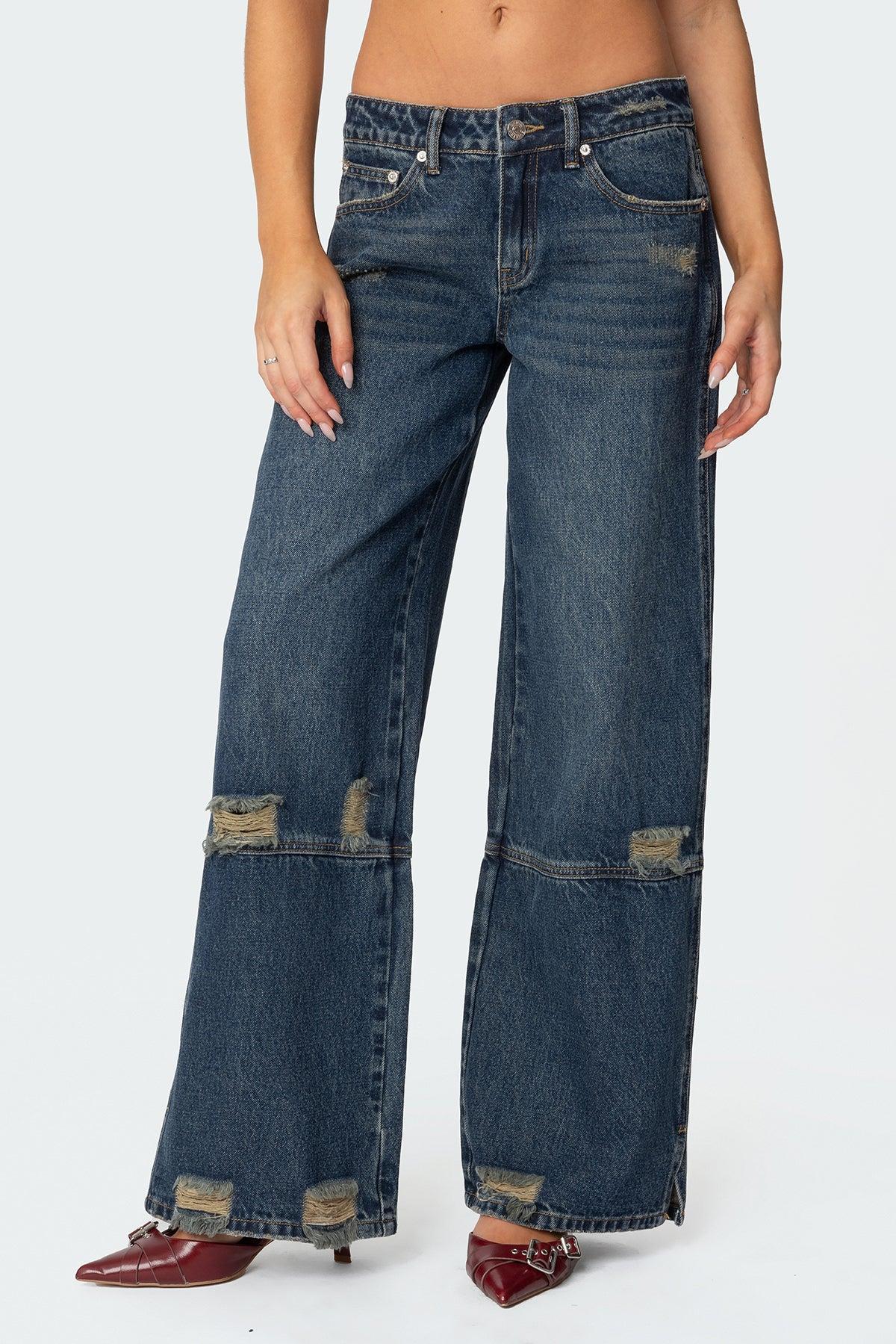 Slitted Distressed Low Rise Jeans Product Image