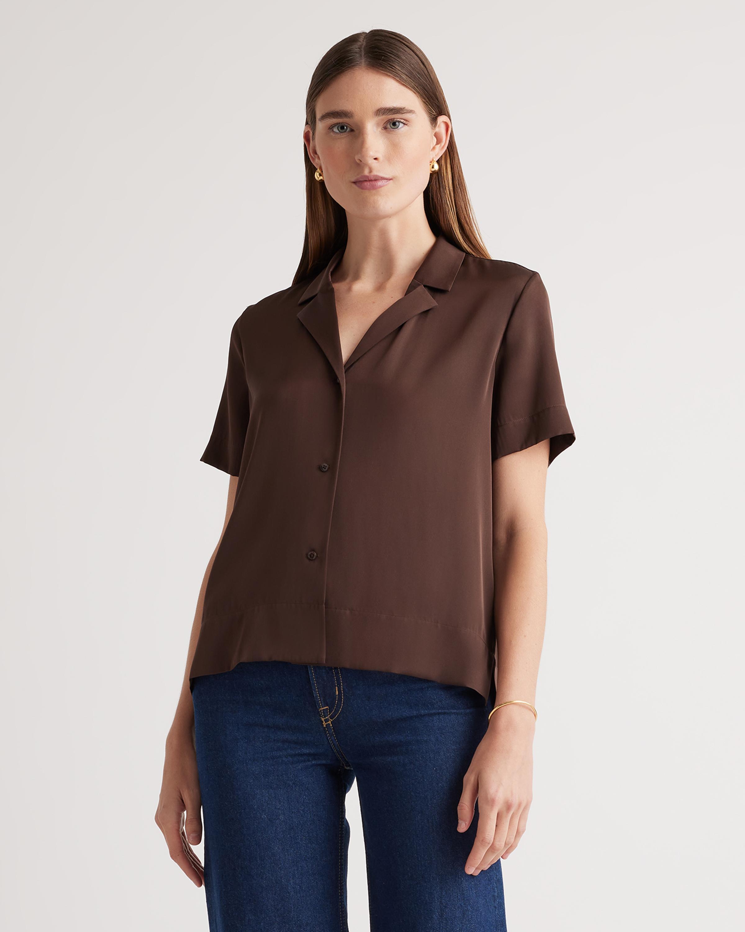 Washable Stretch Silk Short Sleeve Notch Collar Blouse Product Image