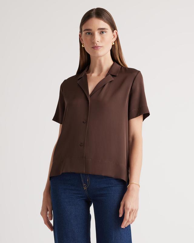 Womens Washable Stretch Silk Short Sleeve Notch Collar Blouse in Hot Fudge, Size Small, Mulberry Silk by Quince Product Image