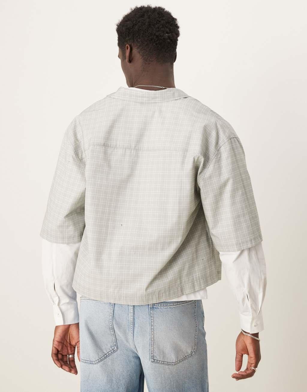 ASOS DESIGN oversized cropped shirt with double layer sleeves in gray check Product Image