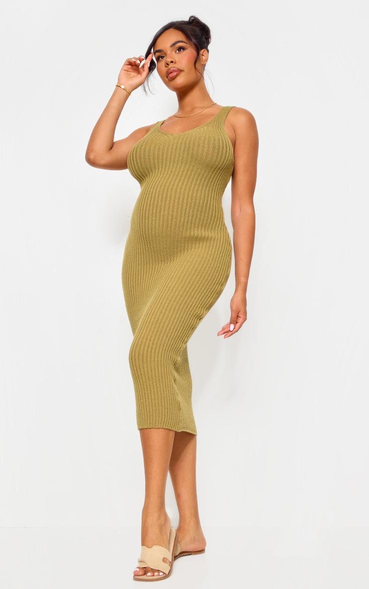 Maternity Khaki Knitted V Neck Midi Dress Product Image