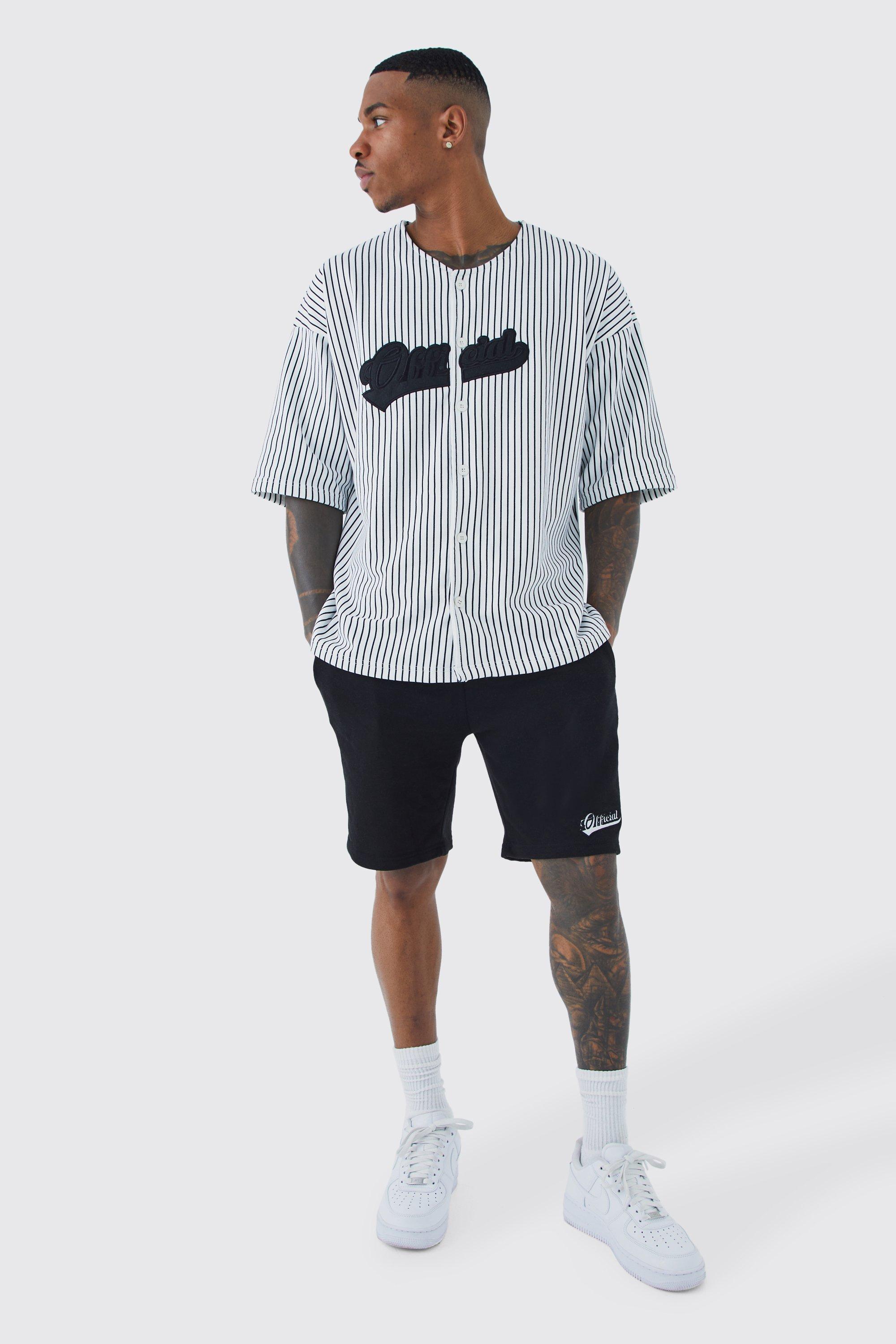 Oversized Pinstripe Baseball Shirt & Short Set | boohooMAN USA Product Image