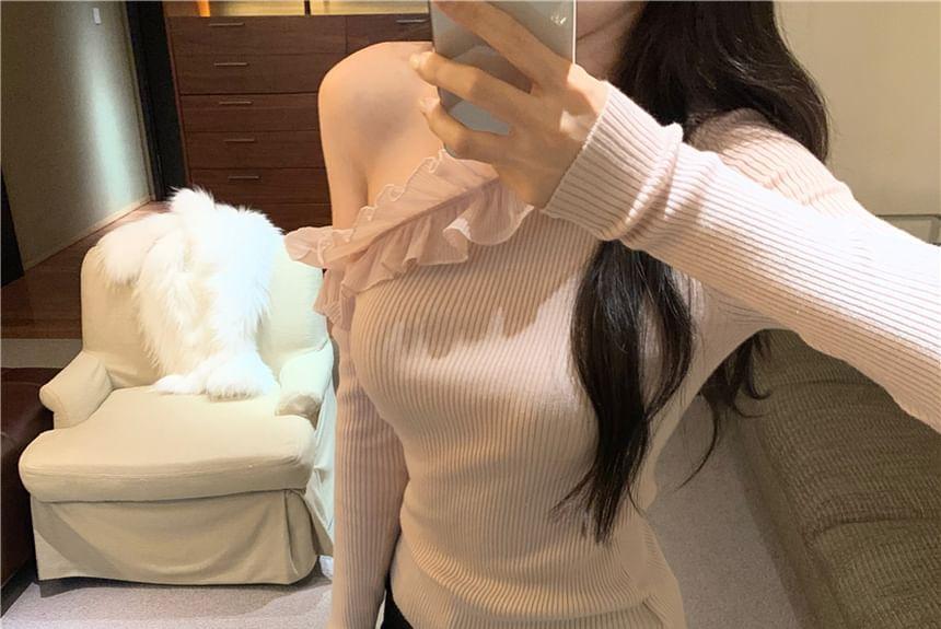 Long-Sleeve One-Shoulder Plain Ruffle Ribbed Knit Top Product Image