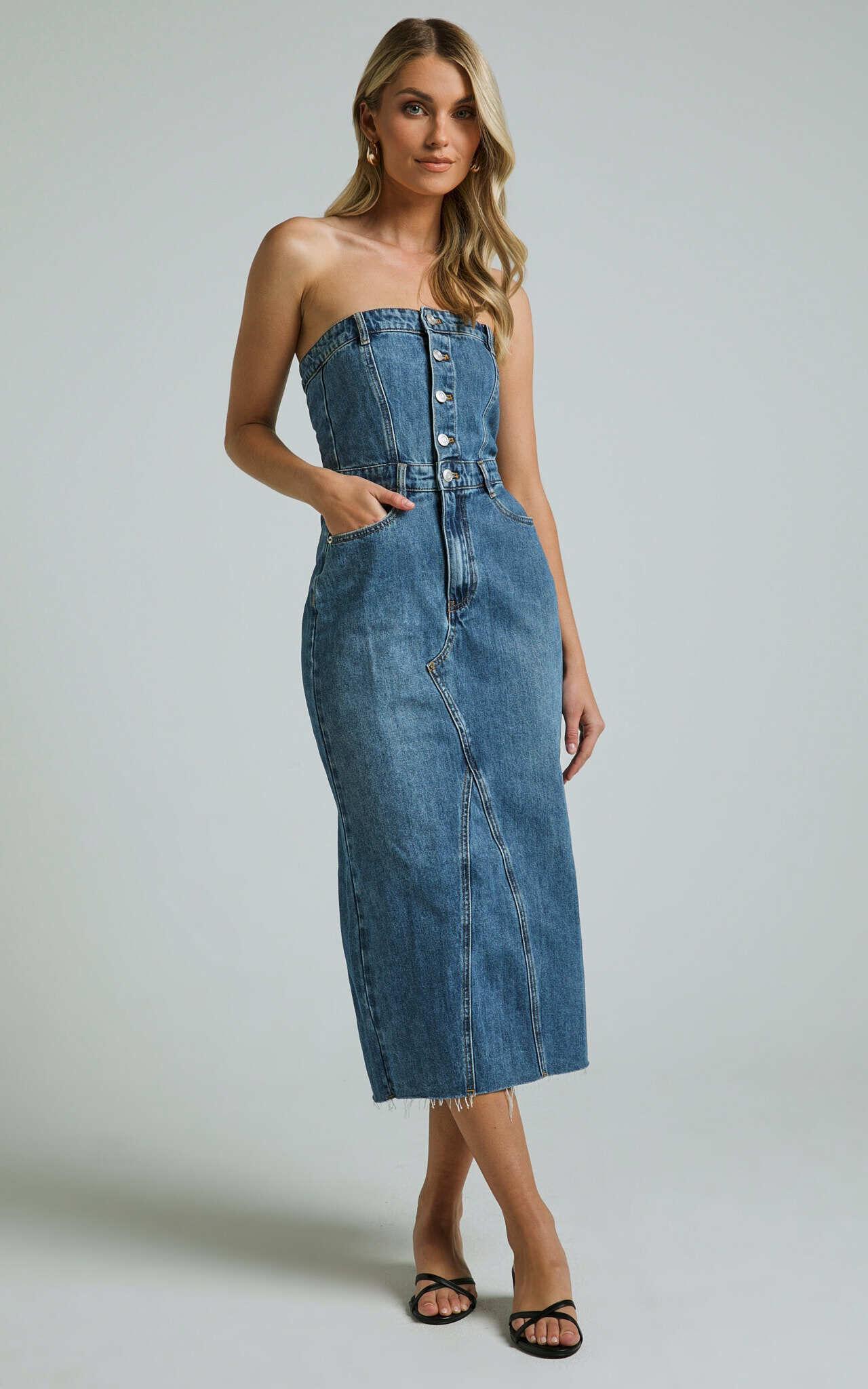 Keyla Midi Dress - Denim Strapless Button Front Shirred Back in Mid Blue Wash Product Image