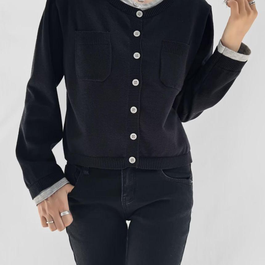 Crewneck Two Tone Button-Up Crop Jacket Product Image