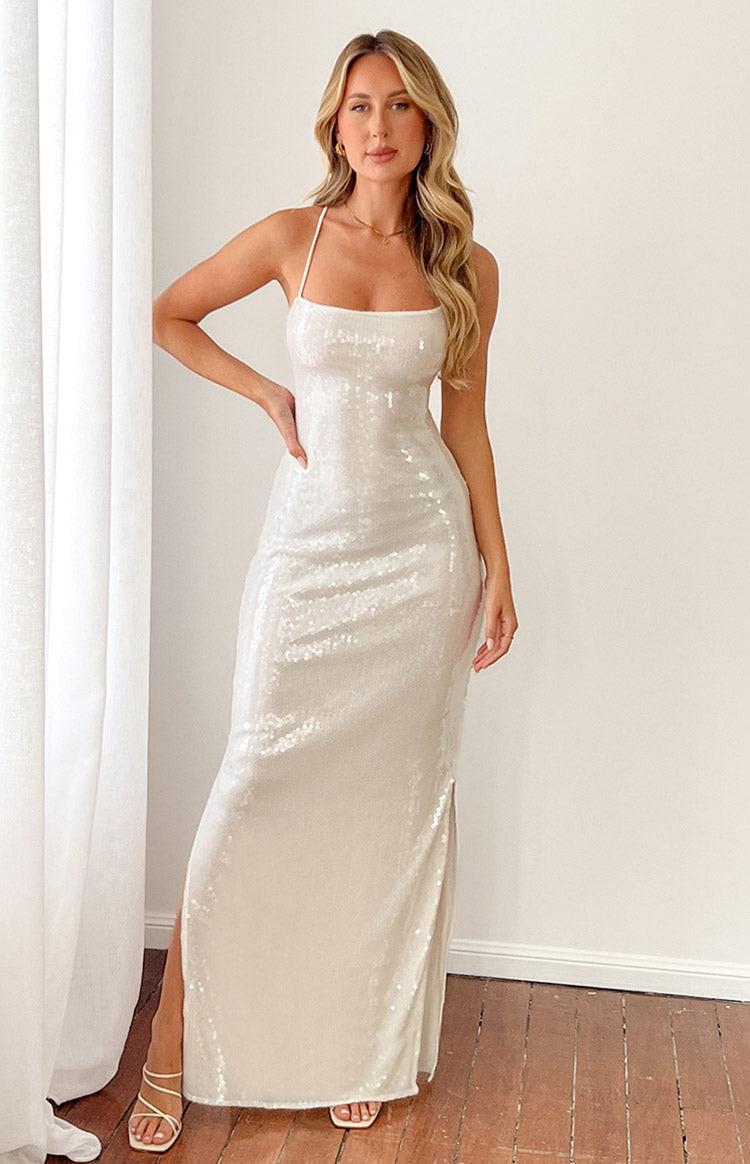 Manhattan White Sequin Slip Maxi Formal Dress Product Image