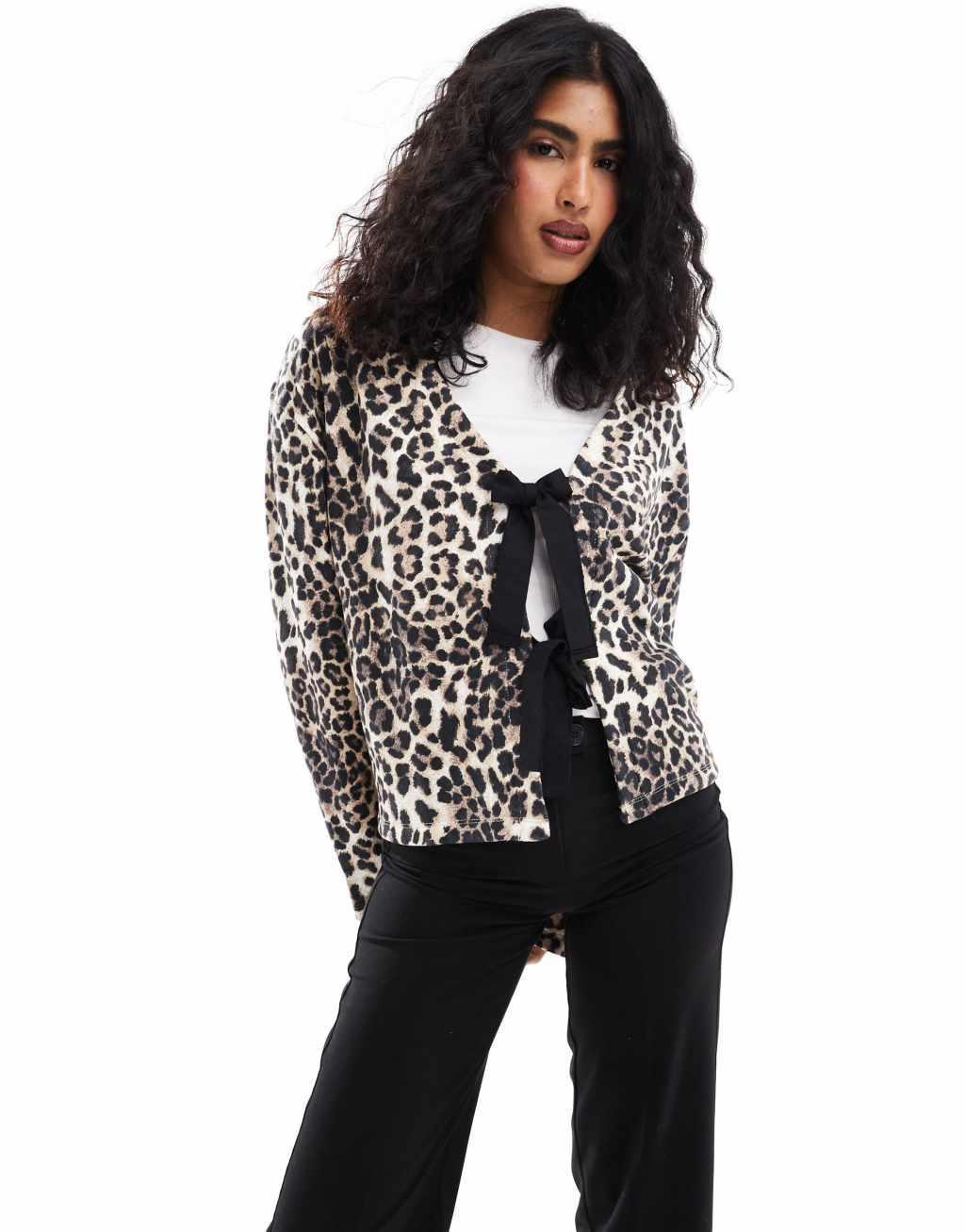 ASOS DESIGN tie front cardigan in leopard print Product Image