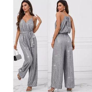 Spaghetti Strap V-Neck Sequin Tie Waist Wide Leg Jumpsuit Product Image