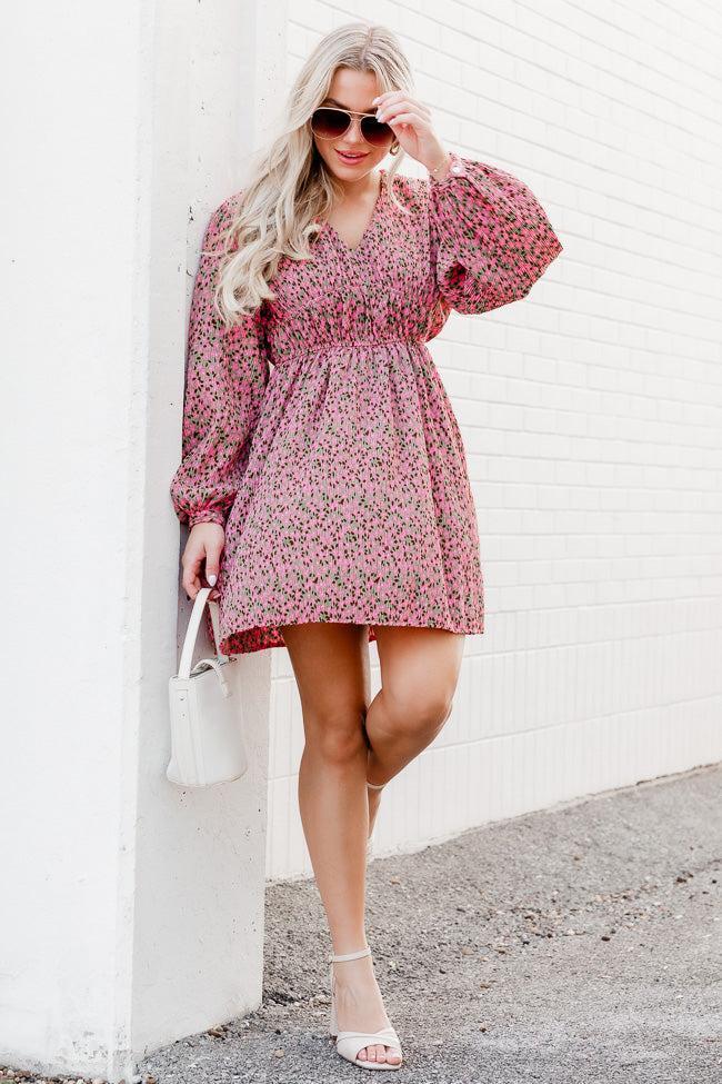 Always Ahead Pink Floral Textured V-Neck Long Sleeve Mini Dress FINAL SALE Product Image