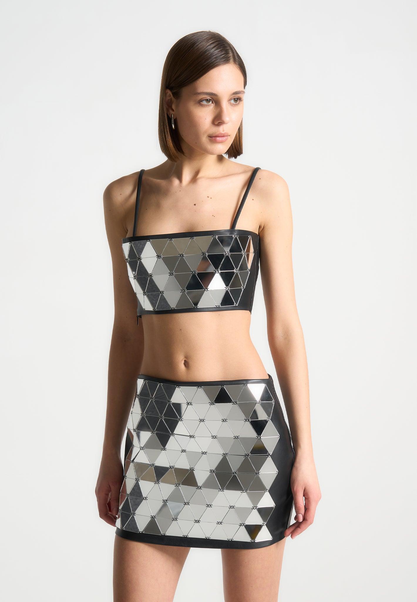 Vegan Leather Mirrored Bandeau Top - Silver/Black Female Product Image