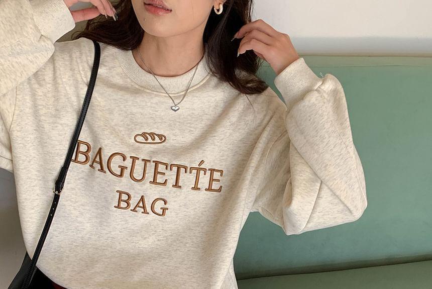 Round Neck Lettering Embroidered Fleece-Lined Sweatshirt Product Image