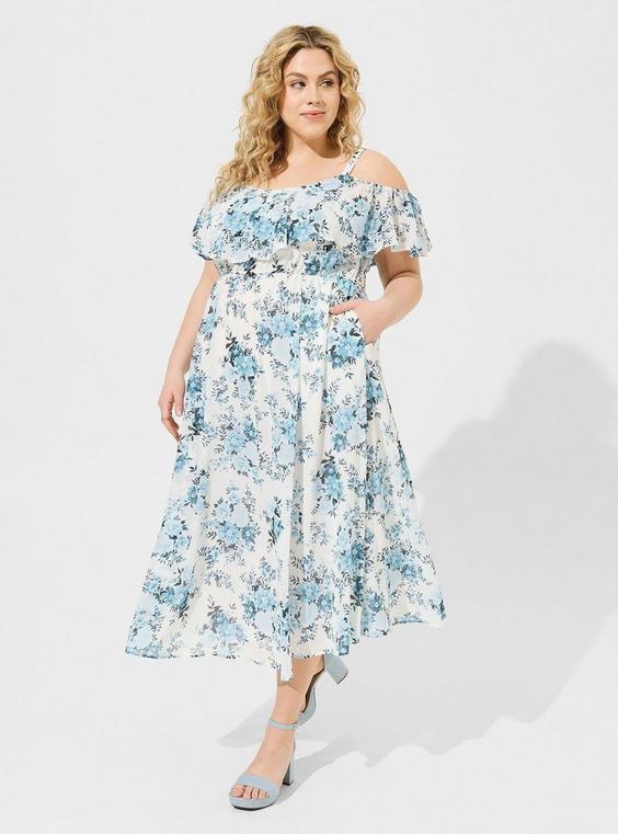 Tea Length Chiffon Cold Shoulder A-Line Dress Product Image