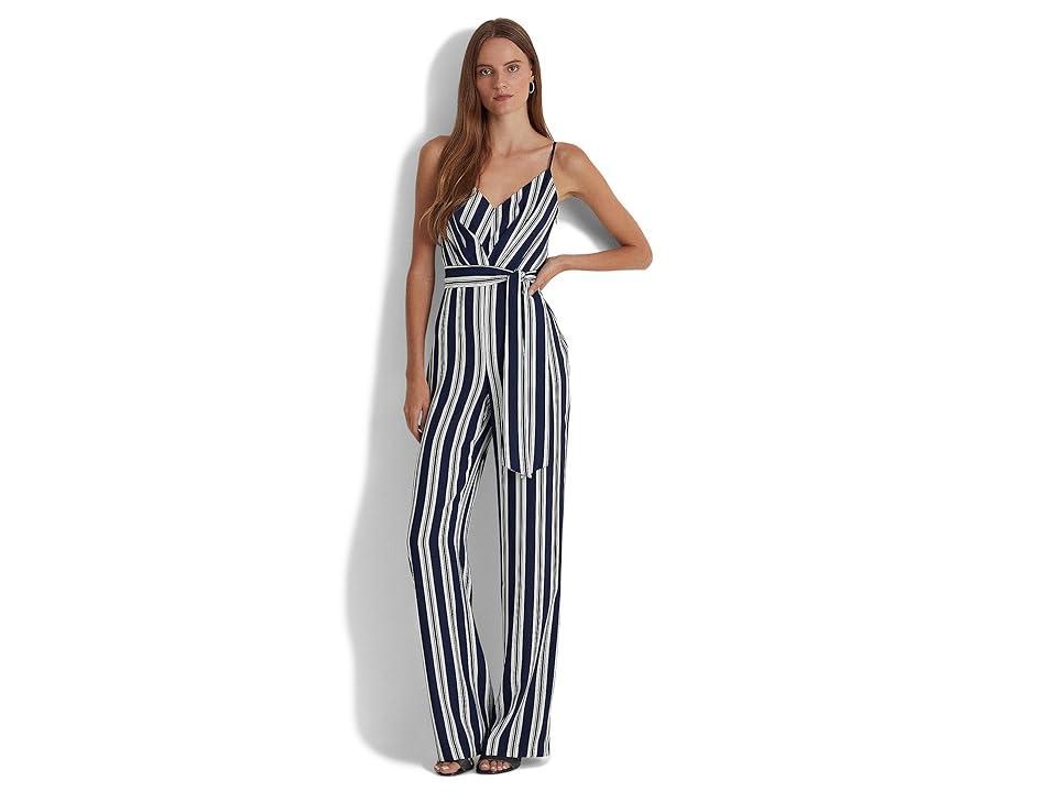 Lauren Ralph Lauren Striped Belted Crepe Jumpsuit (Navy/White) Women's Jumpsuit & Rompers One Piece Product Image