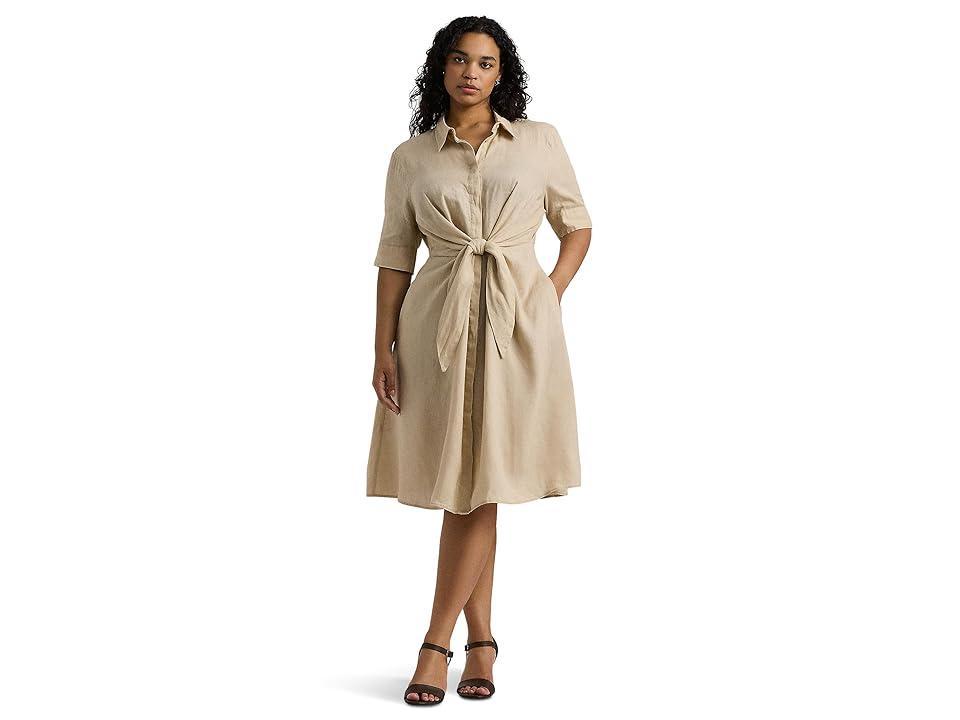 LAUREN Ralph Lauren Plus Size Tie-Front Linen Shirtdress (Explorer Sand) Women's Dress Product Image