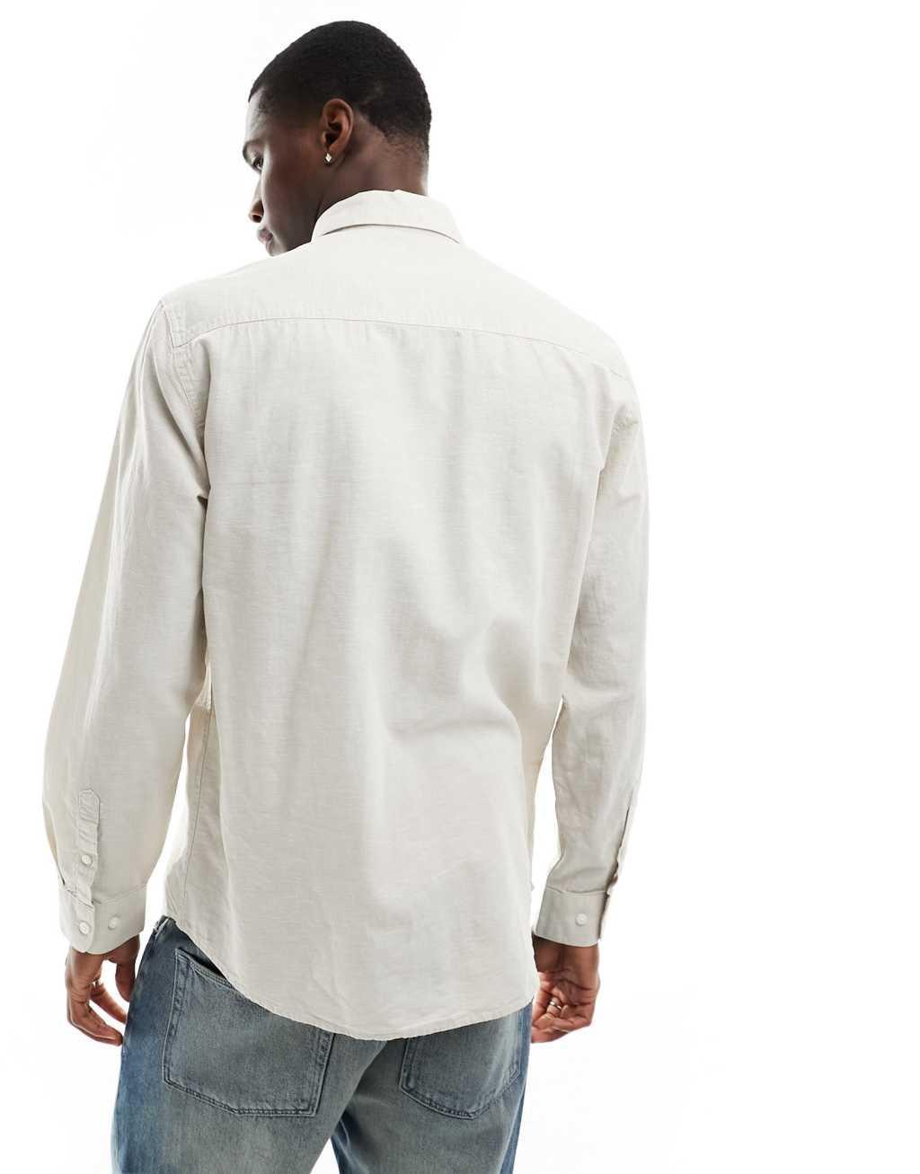 Selected Homme long sleeve linen mix shirt in beige  Product Image