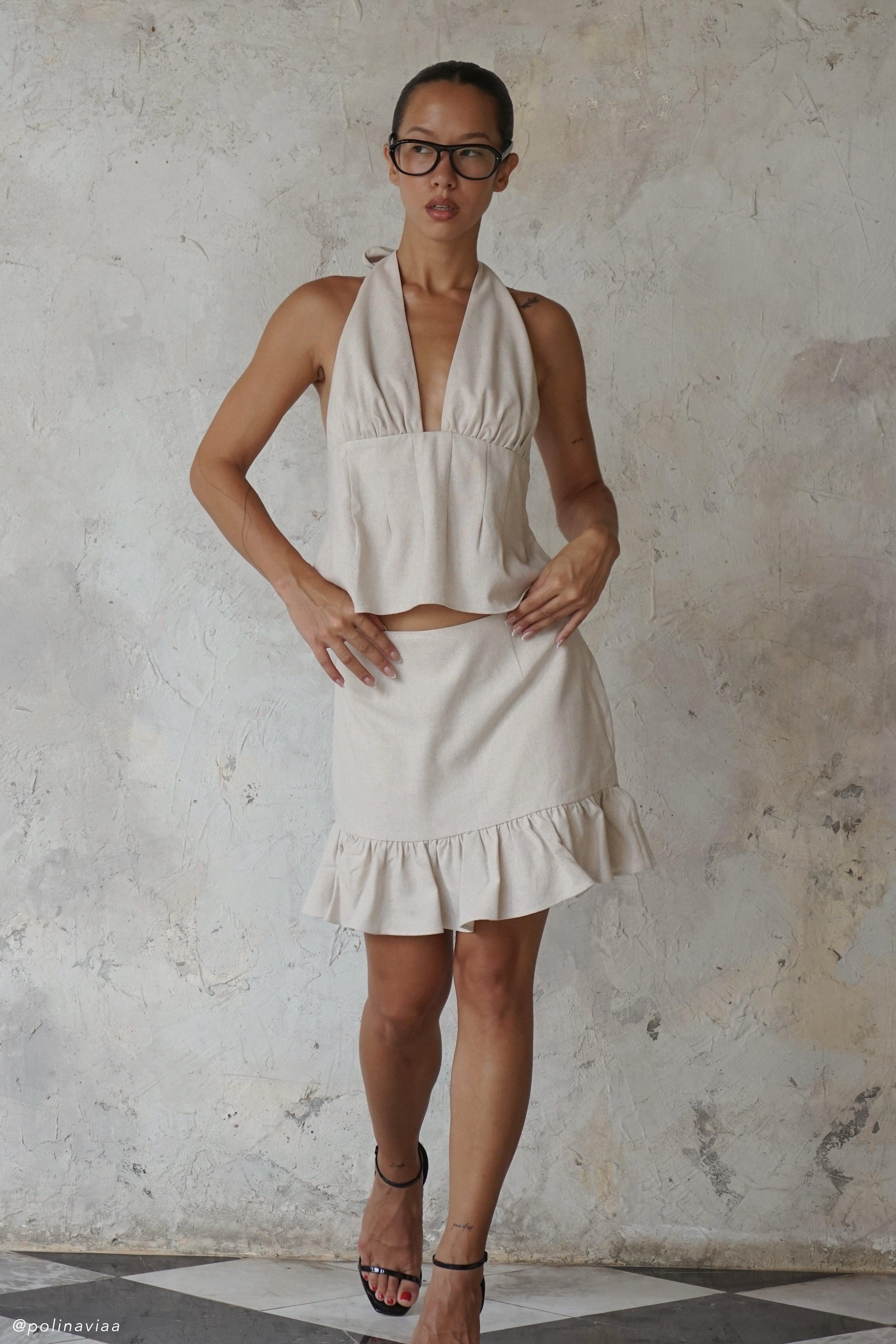 Delfina Linen Mini Skirt With Ruffle - Natural Product Image