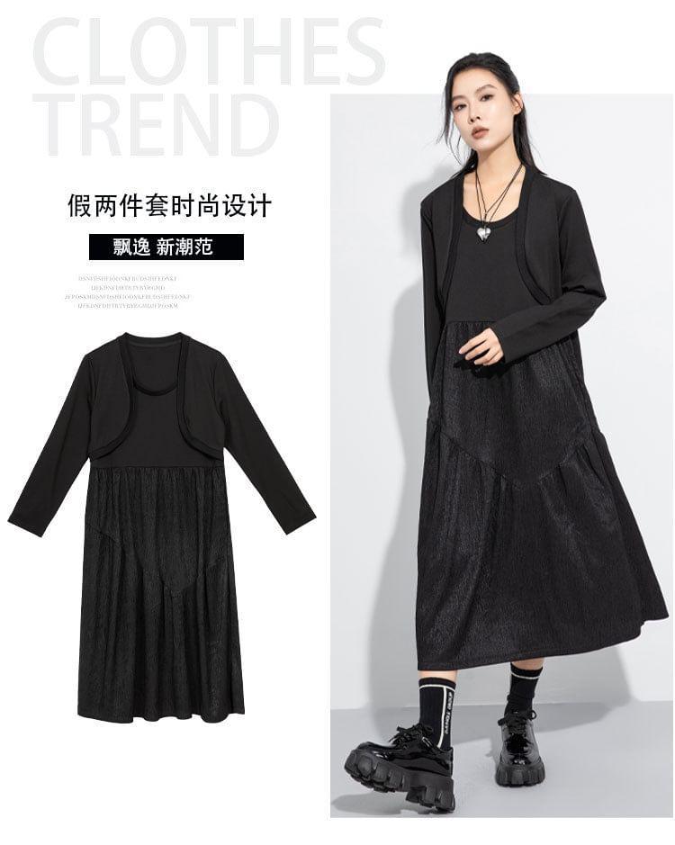 Long Sleeve Round Neck Plain Mock Two Piece Midi A-Line Dress Product Image