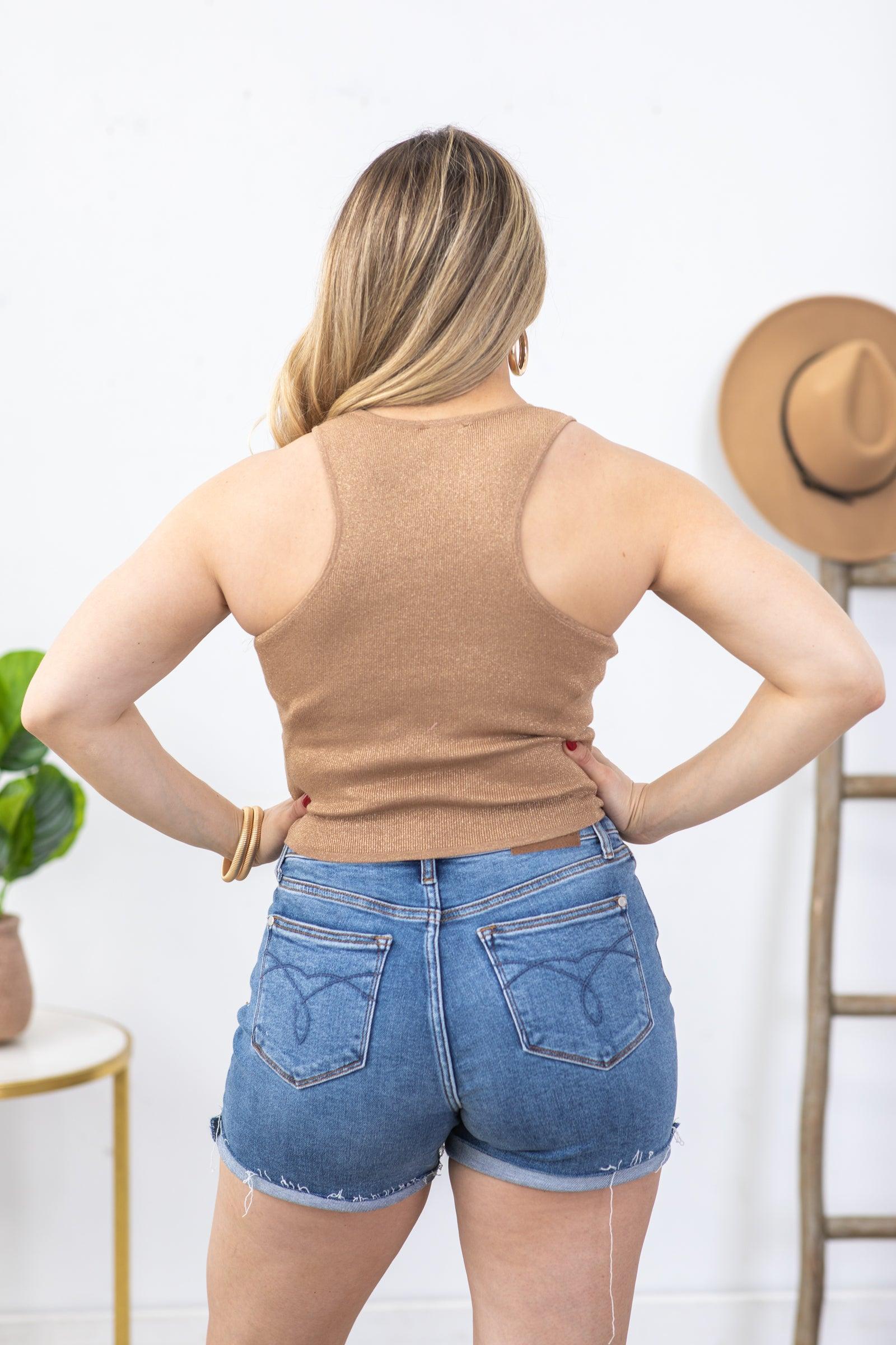 Taupe High Neck Racer Back Knit Tank Top Product Image