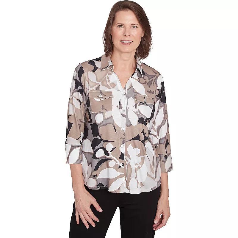 Petite Alfred Dunner Shadow Leaf Print Button Front Top, Womens Product Image