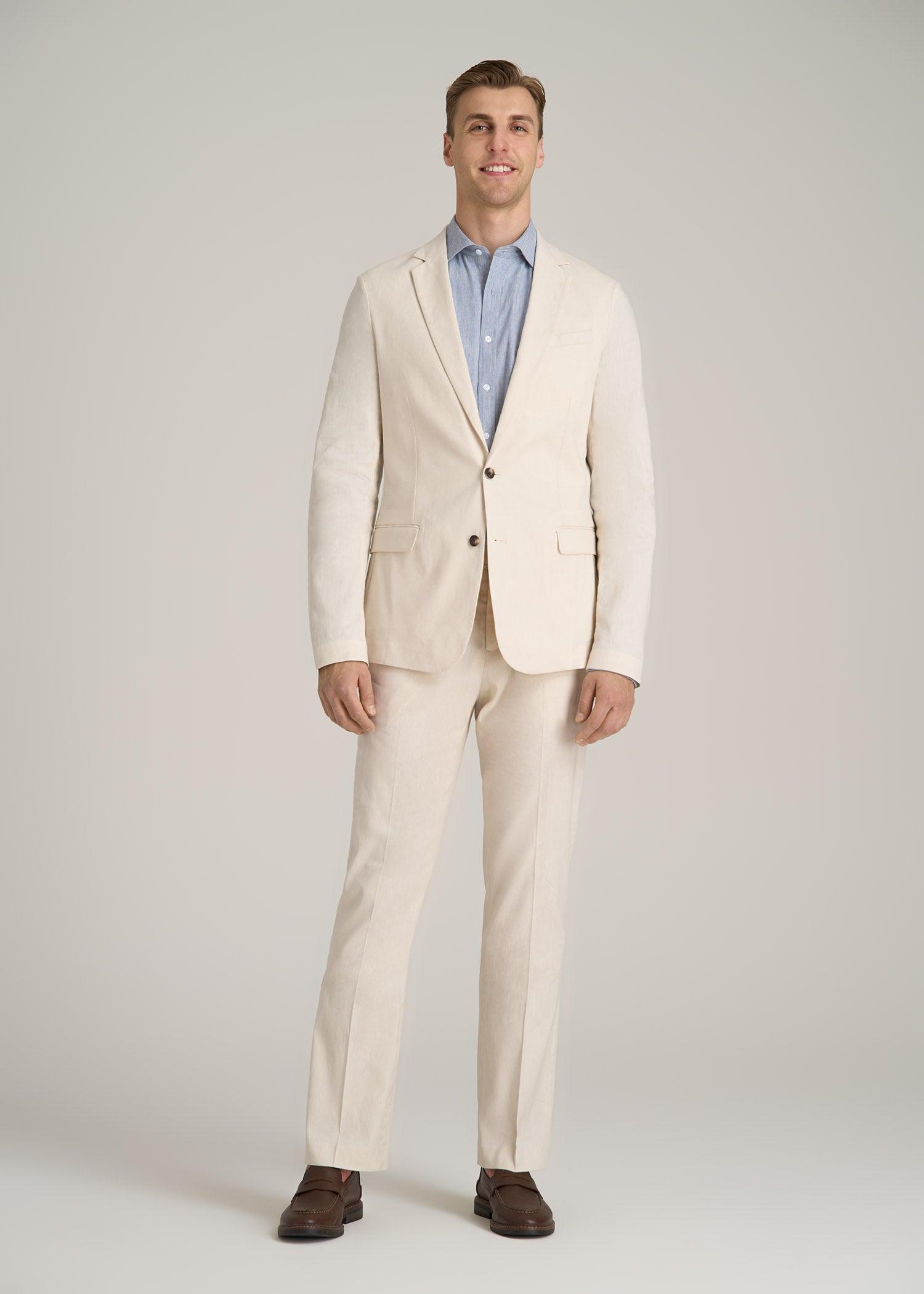 Stretch Linen Blazer for Tall Men in Light Beige Linen Product Image