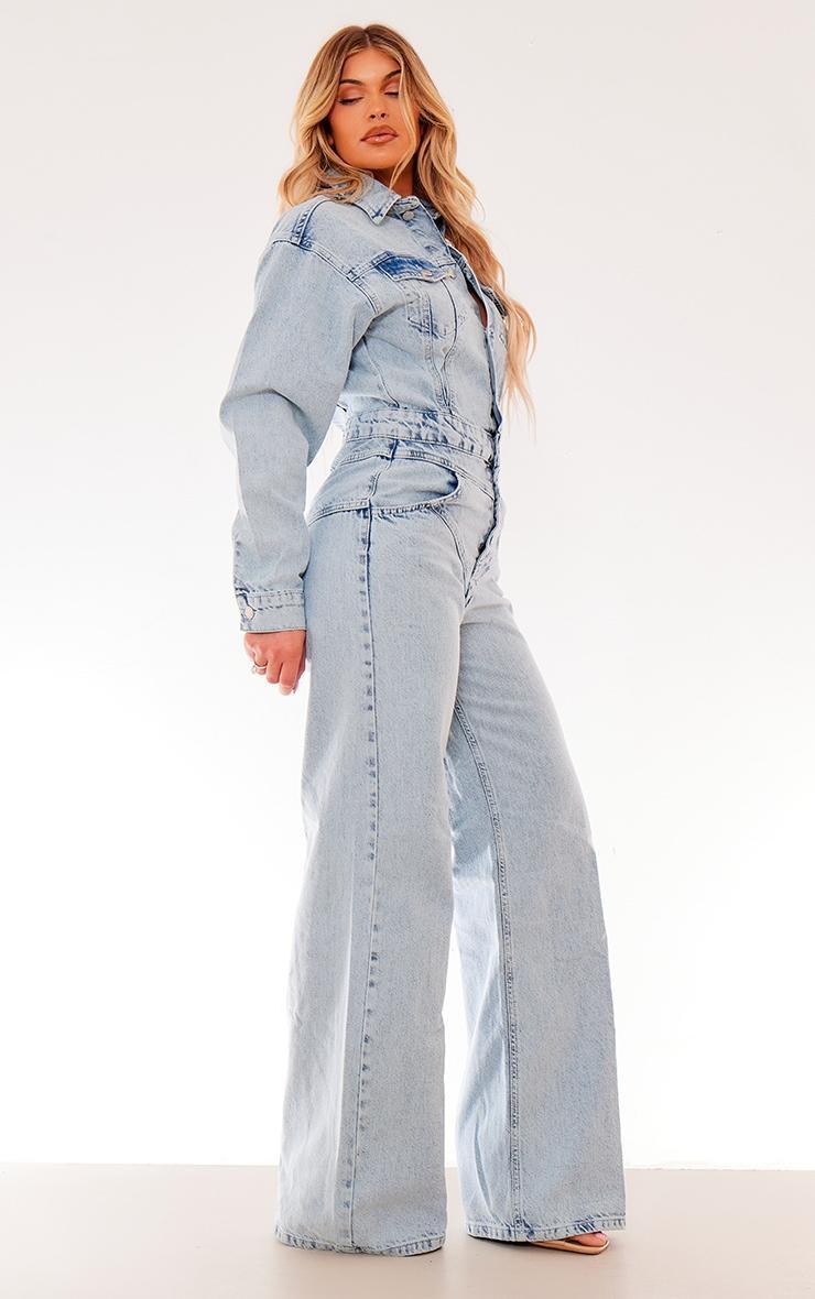 Light Blue Wash Seam Detail Button Up Denim Jumpsuit Product Image