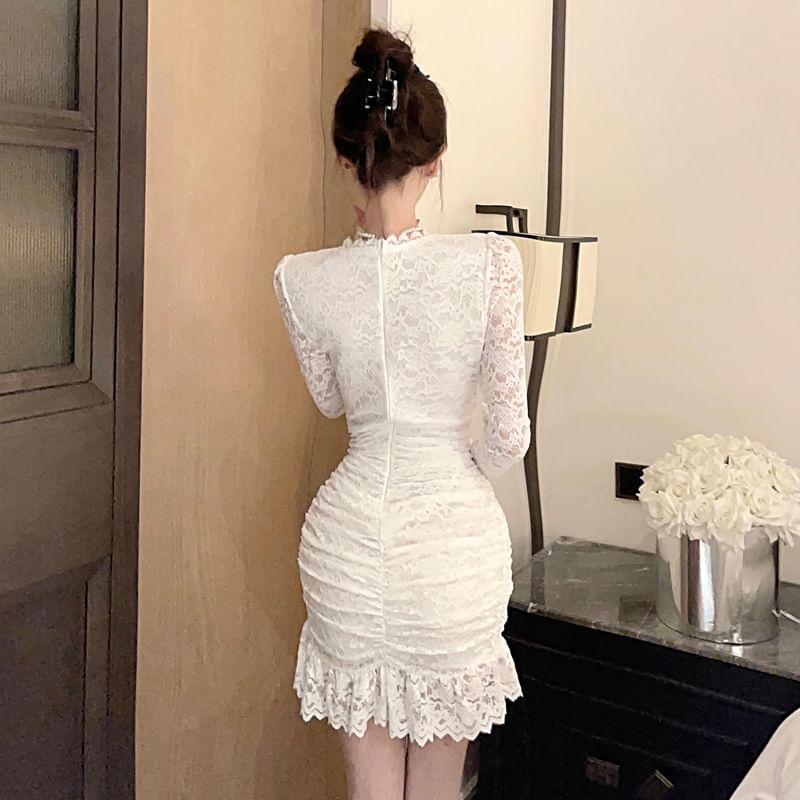 Long Sleeve V-Neck Floral Lace Ruched Bodycon Mini Dress Product Image