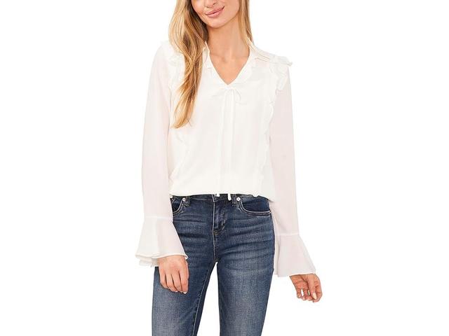 CeCe Collared Long Sleeve Ruffled Bow Blouse (New Ivory) Women's Clothing Product Image