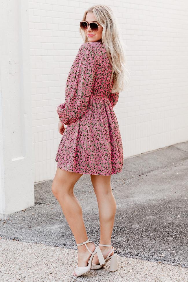 Always Ahead Pink Floral Textured V-Neck Long Sleeve Mini Dress FINAL SALE Product Image