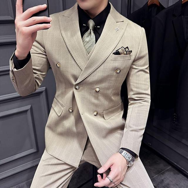 Set: Peak Lapel Plaid Double-Breasted Blazer + Vest + Cropped Tapered Dress Pants Product Image