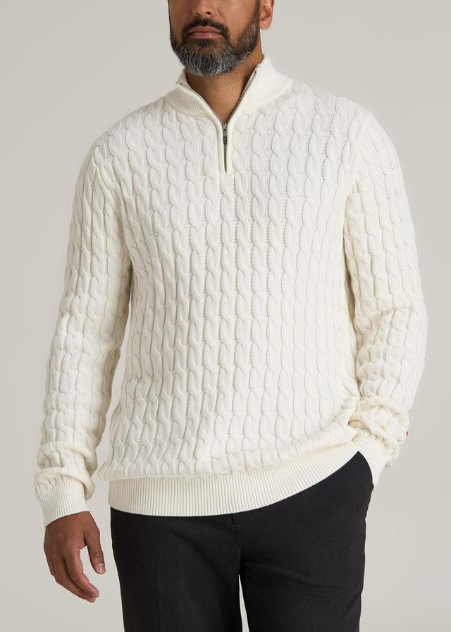 Cable Knit Half Zip Sweater for Tall Men in Ivory White Male Product Image